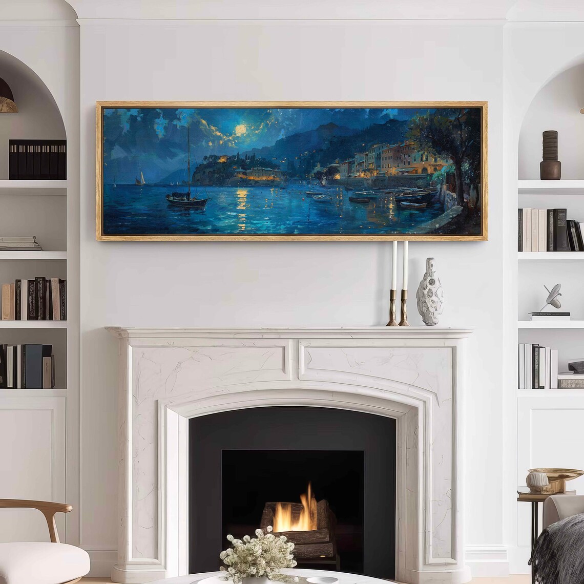 Portofino Italy Moonlit Harbor With Boats at Night Travel Poster - Image 3