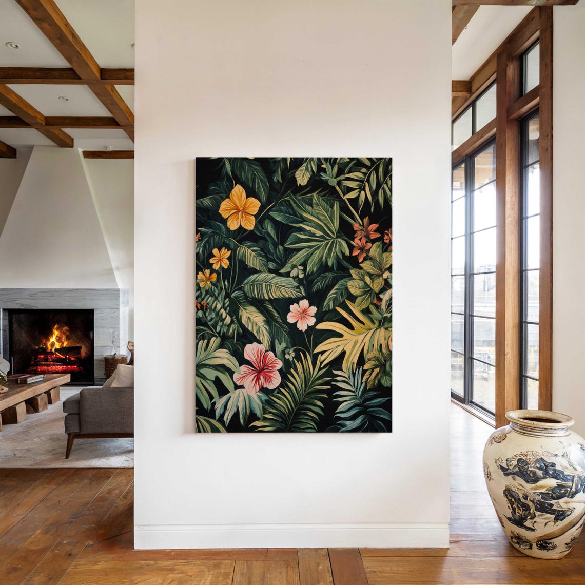 Tropical Hibiscus Flowers on Black Vertical Botanical Jungle Wall Art