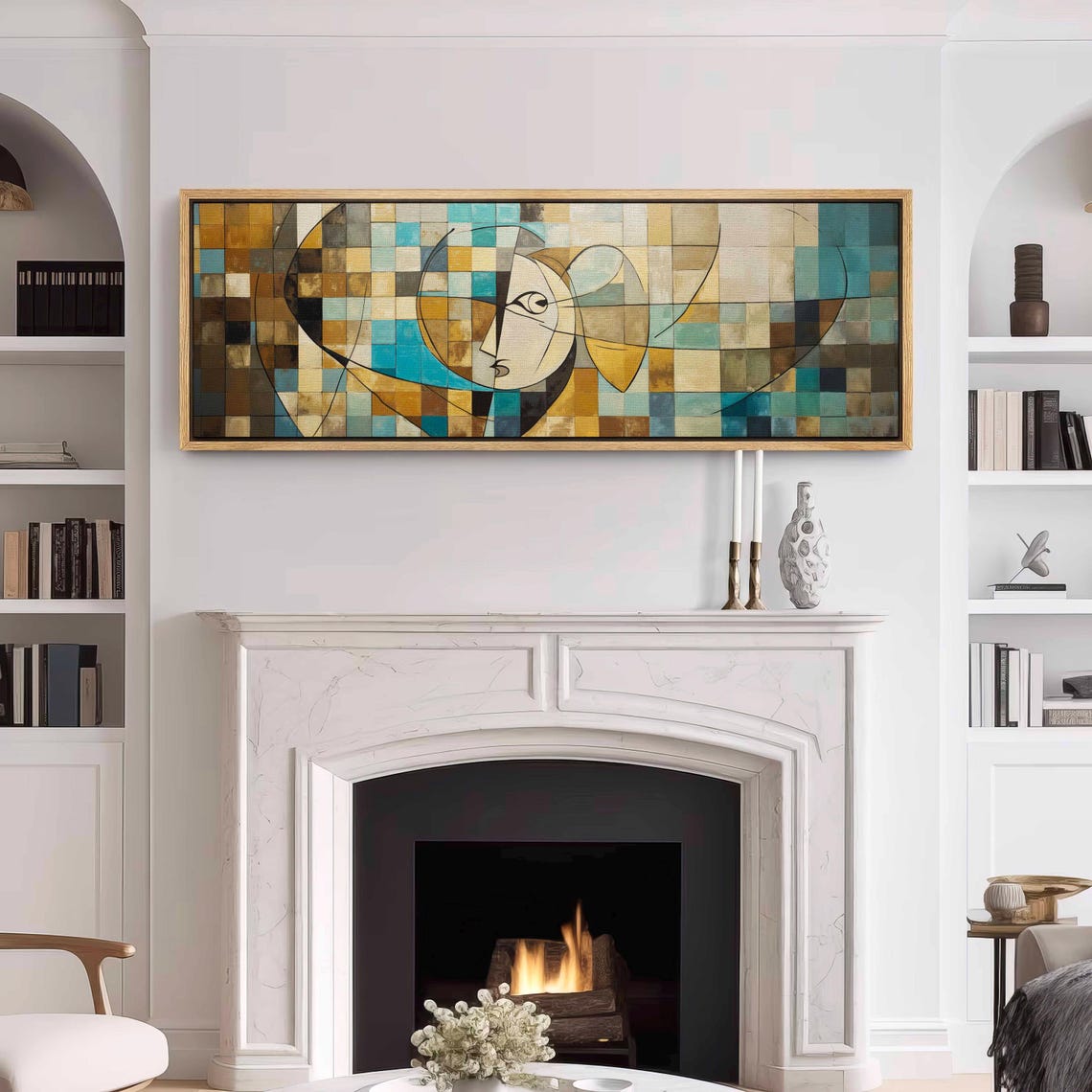 Cubist Mosaic Abstract Face Checkered Teal Ochre Panoramic Art Print - Image 3
