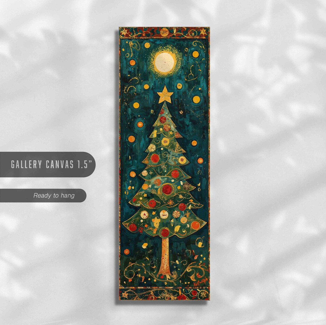 Vintage Folk Christmas Tree Teal Gold Ornaments Star Festive Art Print - Image 2