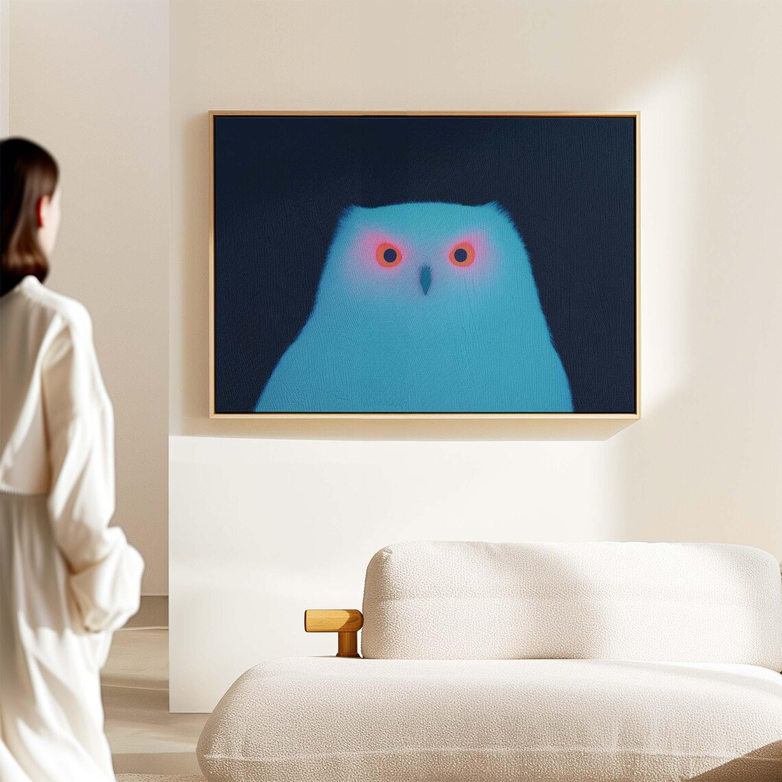 Blue Owl Glowing Orange Eyes Dark Navy Minimalist Animal Art Print - Image 2