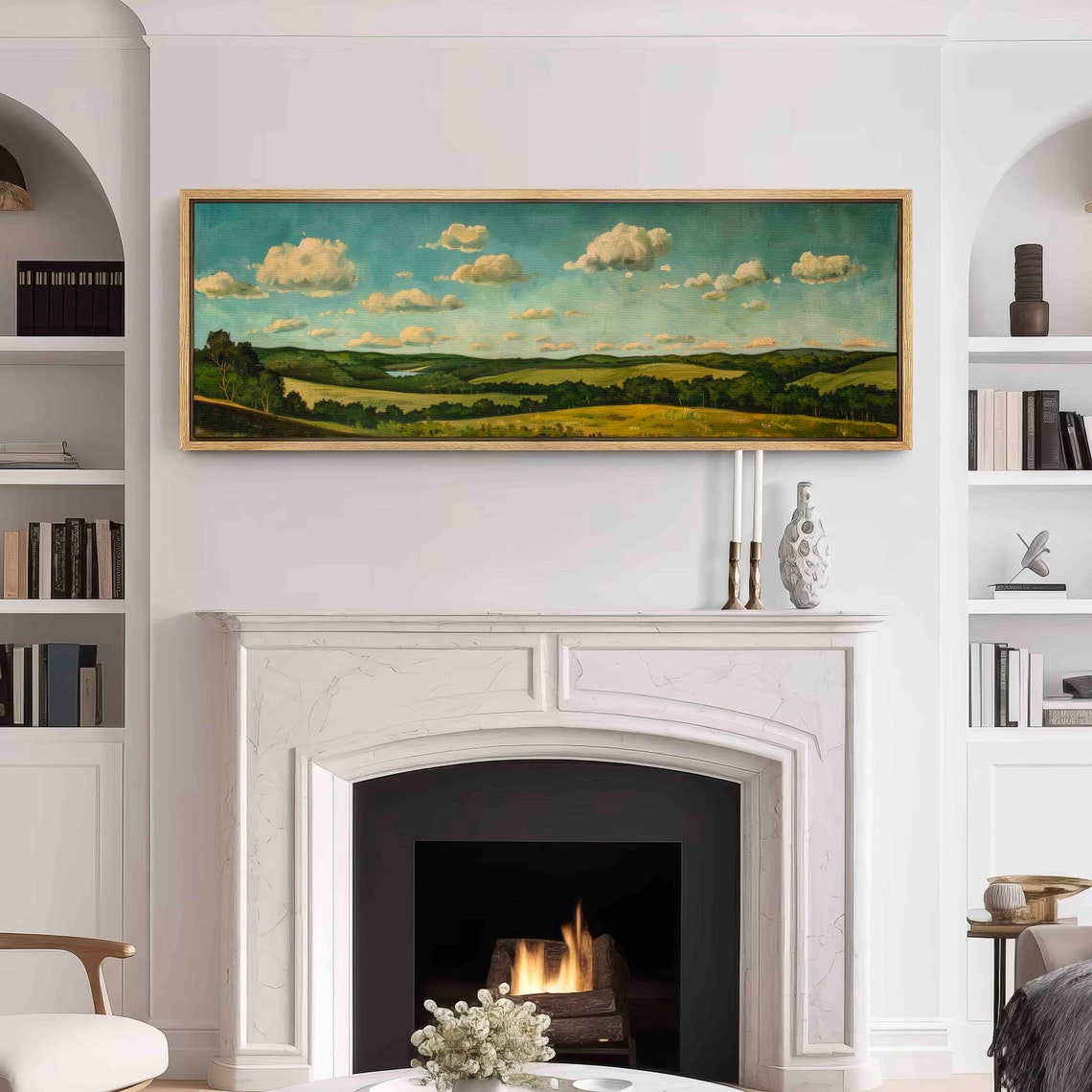 Vintage Green Countryside Rolling Hills Clouds Panoramic Art Print - Image 3