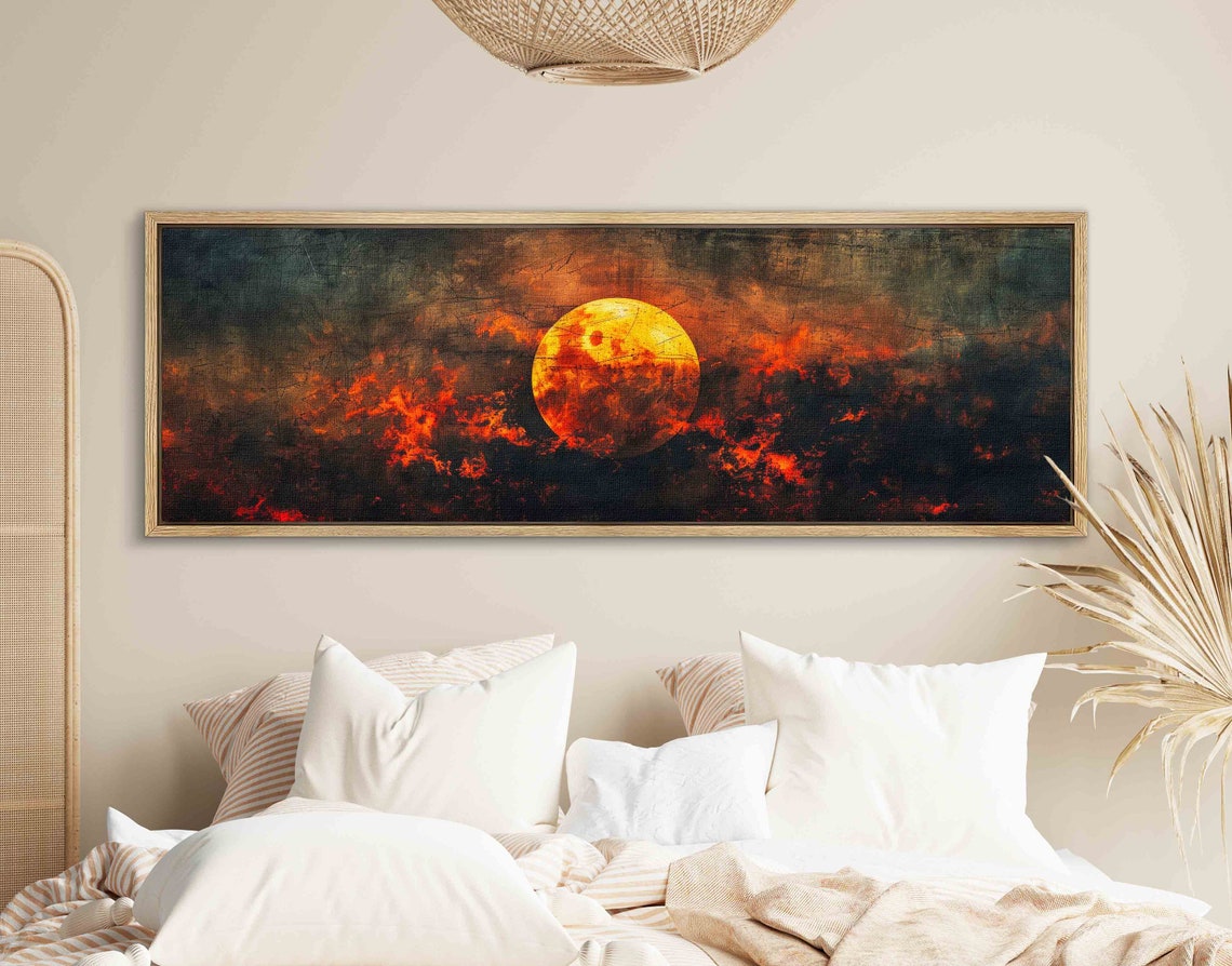 Fiery Moon Behind Dark Red Clouds Moody Night Sky Panoramic Wall Art - Image 4