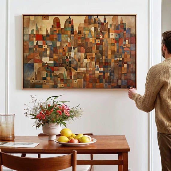Mid Century Modern Abstract Cityscape Wall Art Framed Print Above Bedsofa Decor Geometric Horizontal Large Wall Art Framed Decor