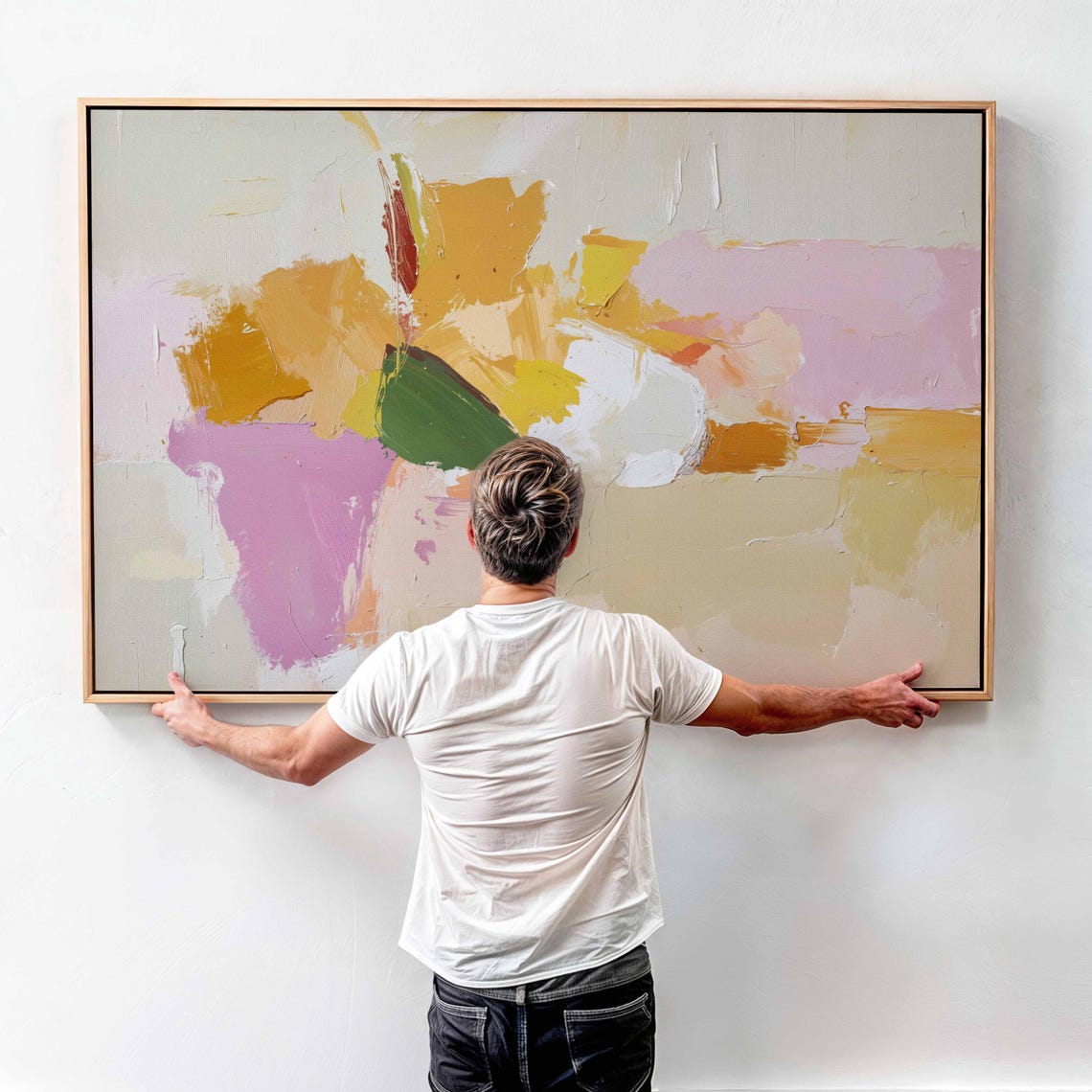 Soft Pastel Abstract Brushstrokes Pink Yellow Cream Modern Wall Art - Image 4