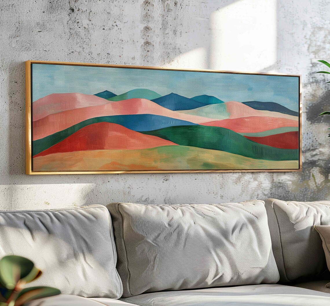 Colorful Layered Rolling Hills Pink Teal Panoramic Landscape Wall Art