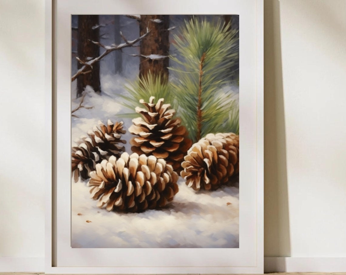 Frosted Pine Cones Snowy Forest Winter Botanical Painting Poster
