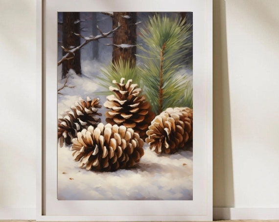 Rustic Christmas Decor Pinecone Still Life Oil Painting Moody Wall Art Vintage Holiday Poster Winter Nature 137