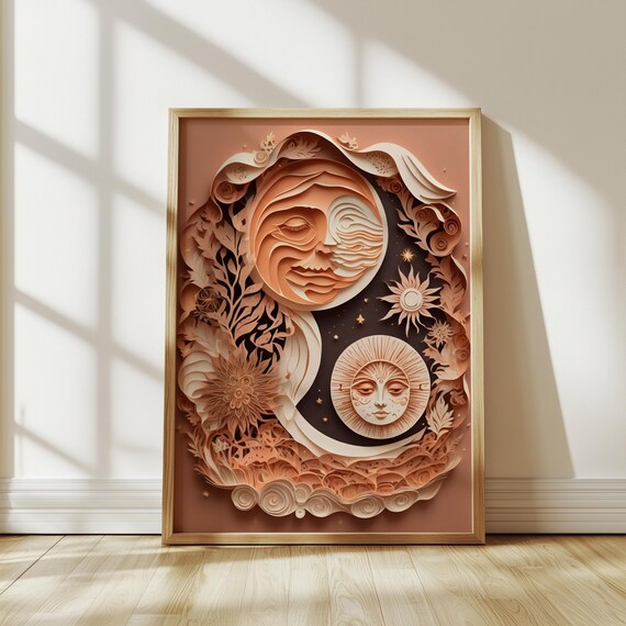 Terracotta Layered Paper Sun and Moon Faces Celestial Art Poster