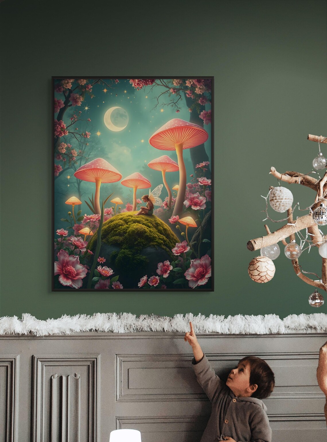 Moonlit Fairy Garden Giant Mushroom Pink Flowers Fantasy Art Poster
