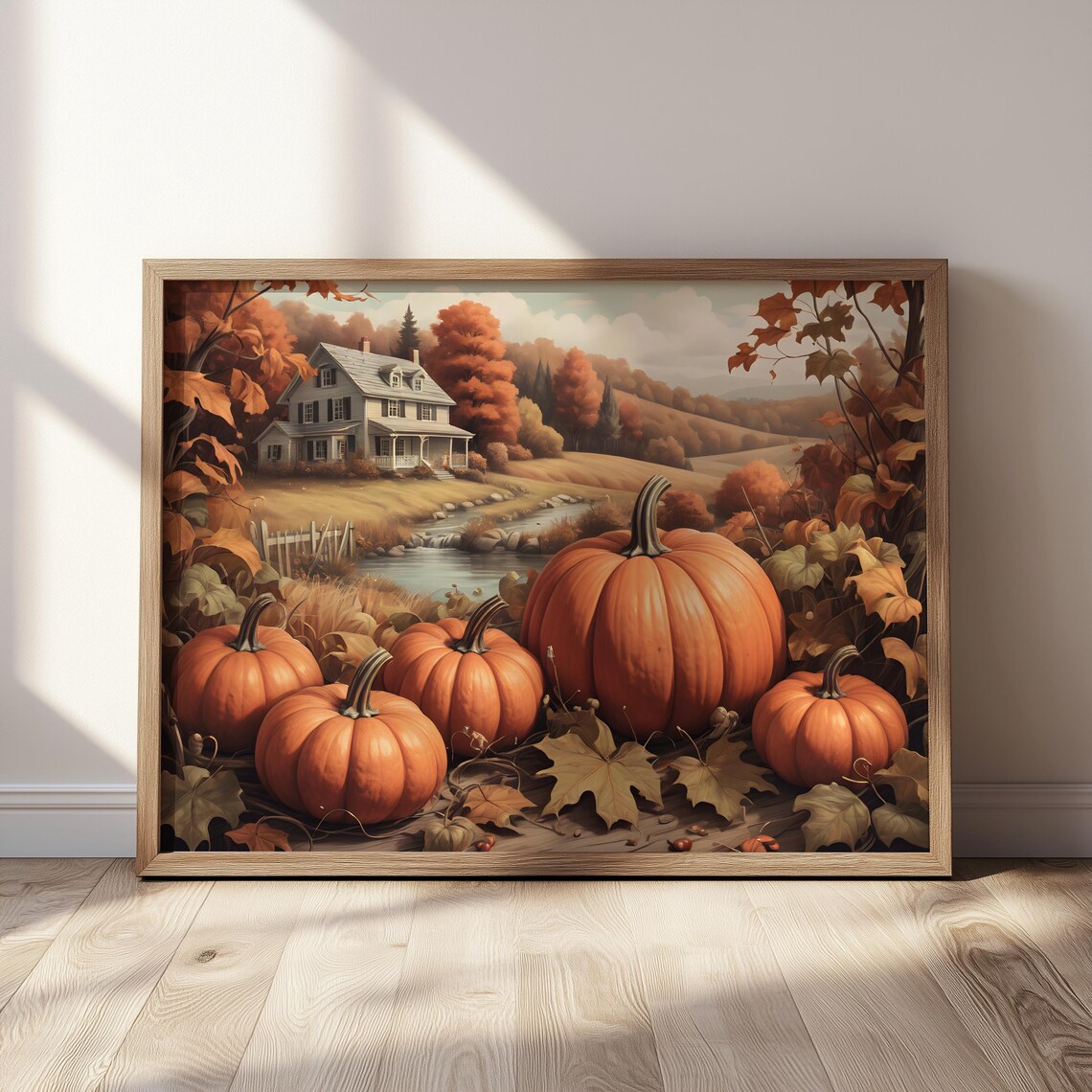 Pumpkin Harvest Farmhouse Pond Autumn Hills Fall Scene Art Poster