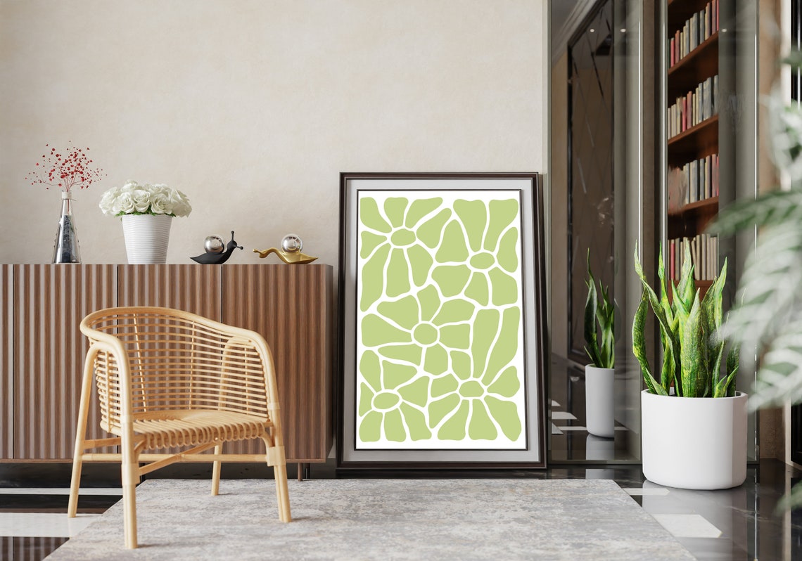 Lime Green Flower Pattern Matisse Style Botanical Wall Poster - Image 2
