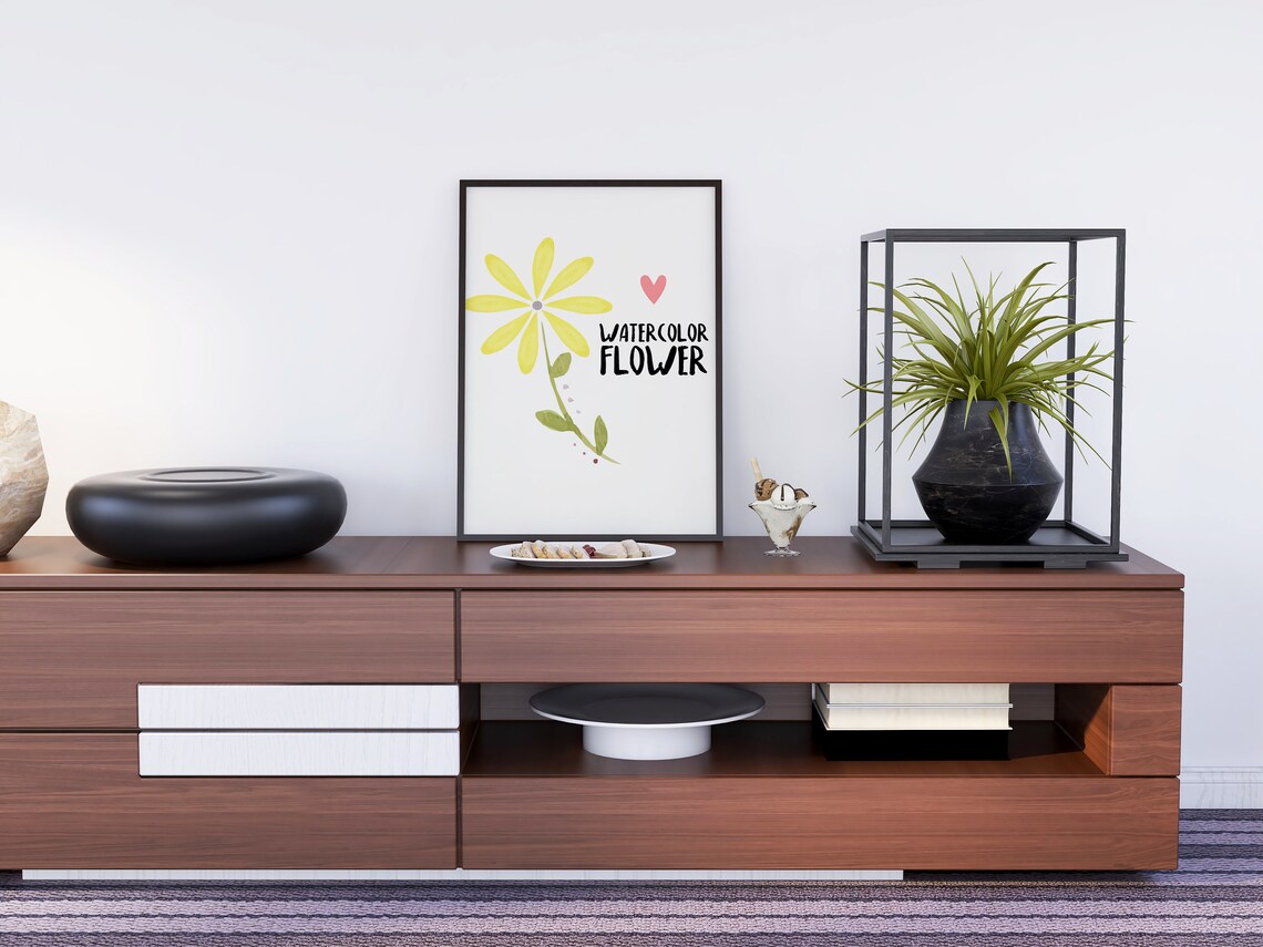 Watercolor Flower Poster with Yellow Daisy and Pink Heart Art - Image 2