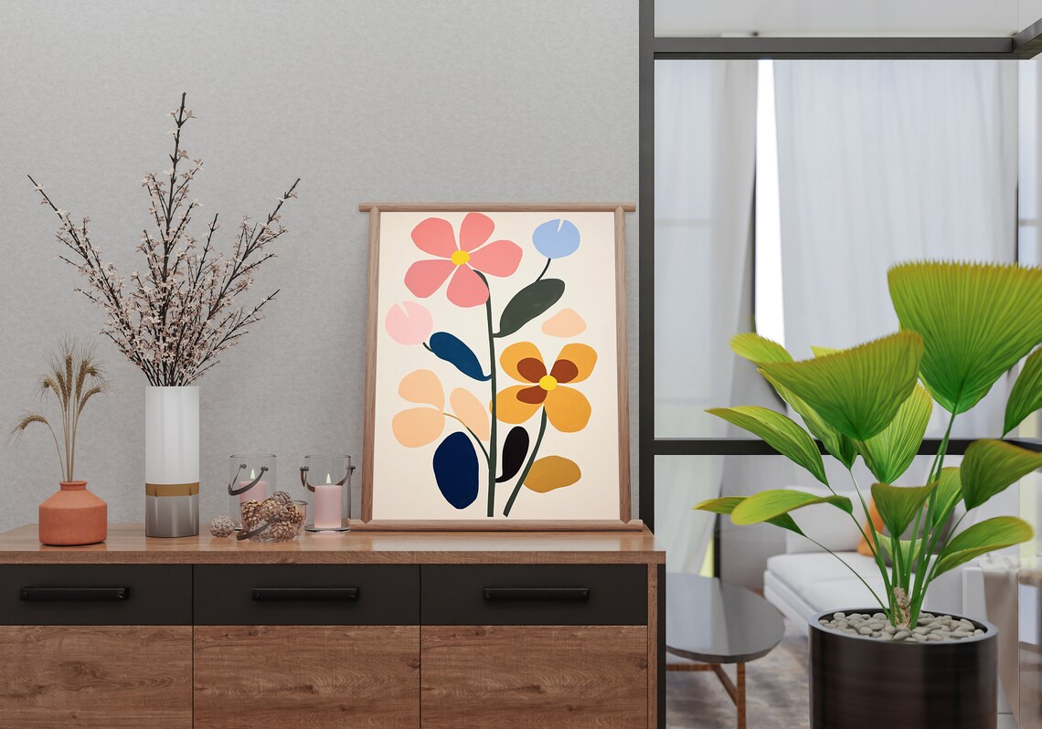 Minimalist Abstract Bloom Cream Pink Ochre Modern Floral Poster