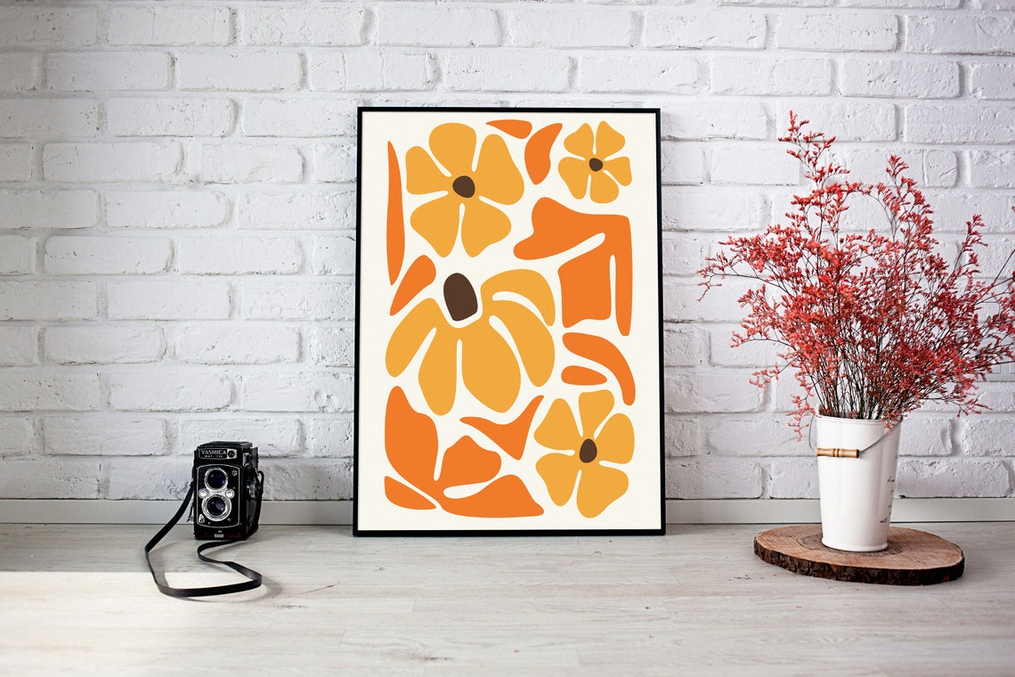 Abstract Orange Yellow Blossom Mid Century Modern Art Poster