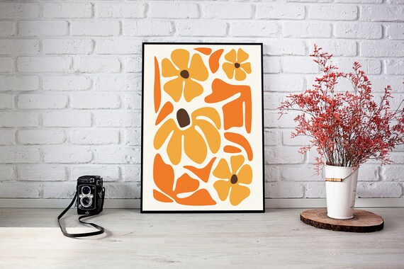 Abstract Orange Yellow Blossom Mid Century Modern Art Poster