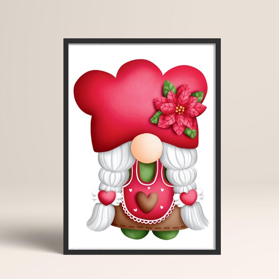 Cute Lady Gnome With Poinsettia Hat And Heart Apron Christmas Poster
