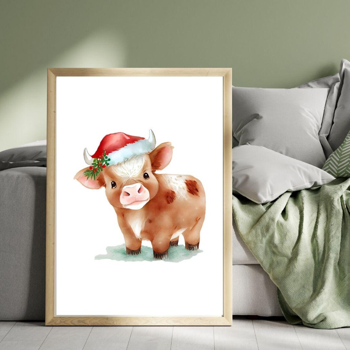 Cute Highland Cow Calf Santa Hat Watercolor Christmas Poster Art - Image 3