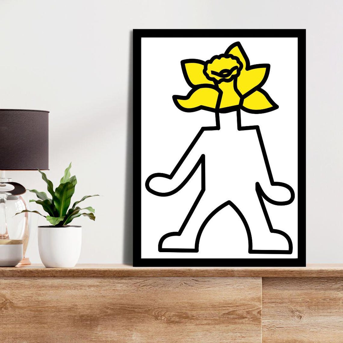 Keith Haring Style Figure Big Yellow Flower Head Whimsical Art Print - Image 2