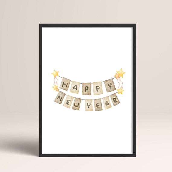 Watercolor Happy New Year Garland Banner With Gold Stars Poster