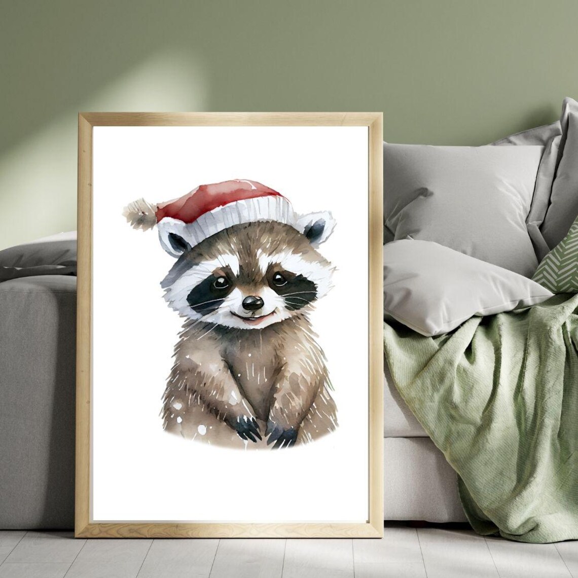 Cute Watercolor Baby Raccoon In Red Santa Hat Christmas Print - Image 3