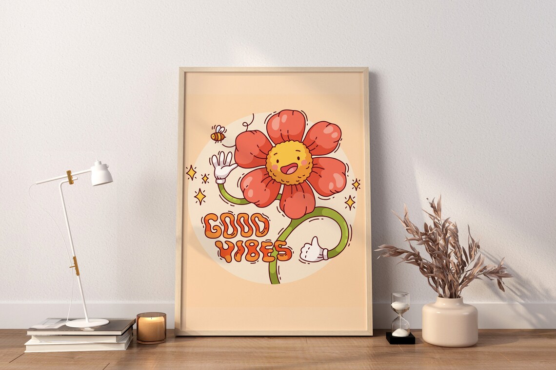 Retro Smiling Daisy Good Vibes Groovy Sunny Cartoon Flower Poster - Image 2