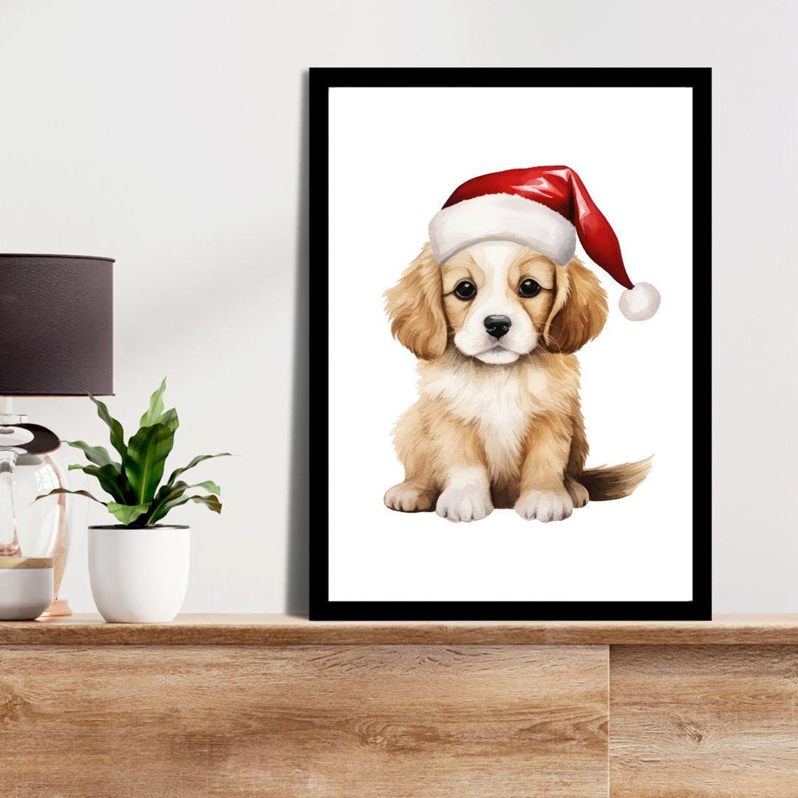 Golden Cocker Spaniel Puppy In Santa Hat Watercolor Christmas Print - Image 3