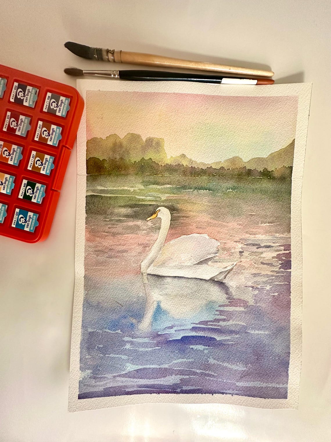 White Swan Gliding on a Sunset Lake Watercolor Nature Poster - Image 3