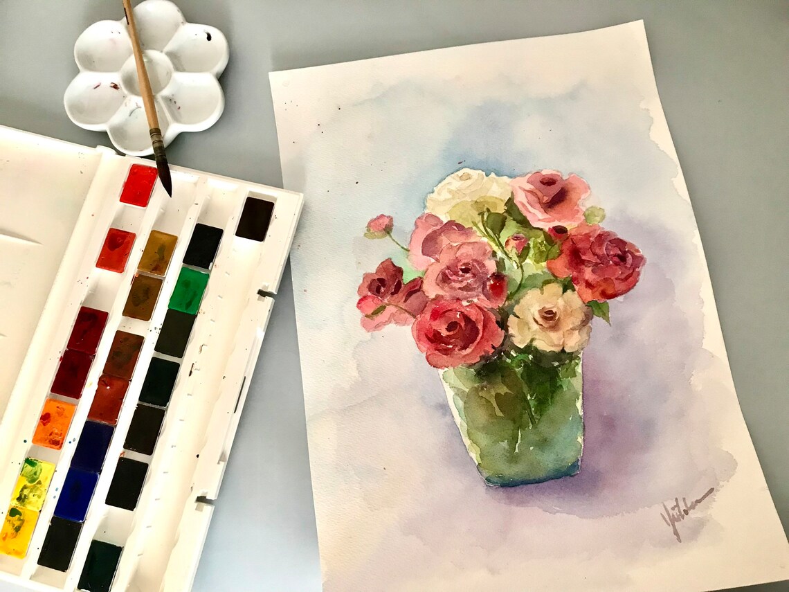 Bouquet of Pink and Cream Roses in a Green Vase Watercolor Poster - Image 6
