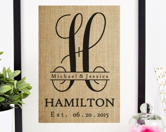 Personalized Burlap Monogram Custom Burlap Print Wedding Date Sign Family Name Sign Monogrammed Gifts New Last Name Wall Art