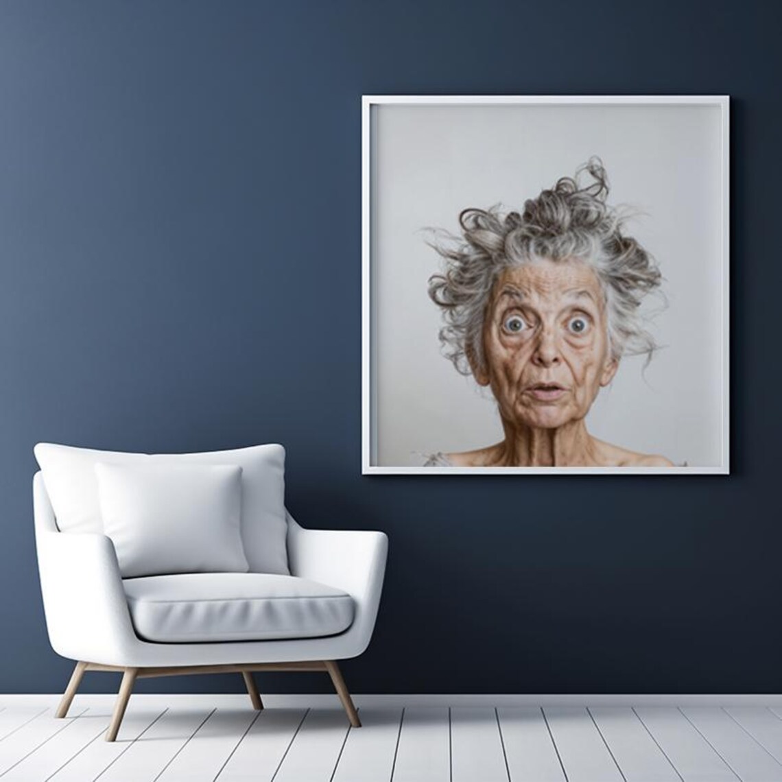 Surprised Elderly Woman Wild Grey Hair Funny Portrait Poster - Image 4