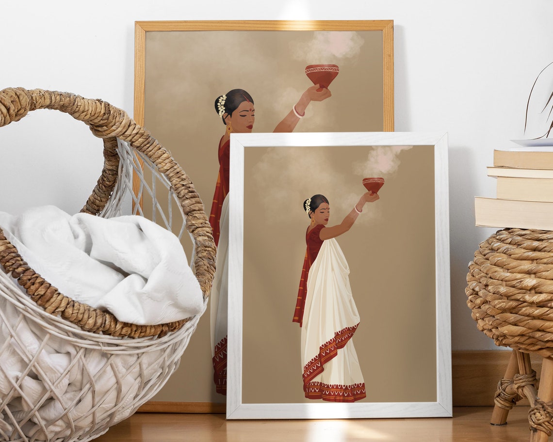 Bengali Woman Dhunuchi Dance Art Kolkata Wall Art Desi Art South Asian Woman In Saree Brown Girl Indian Woman Art Bengali Home Decor - Image 4