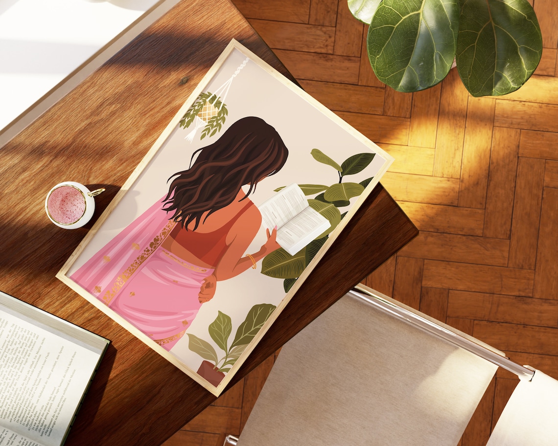 Indian Woman Reading Book Art, Desi Wall Art Print - Image 4