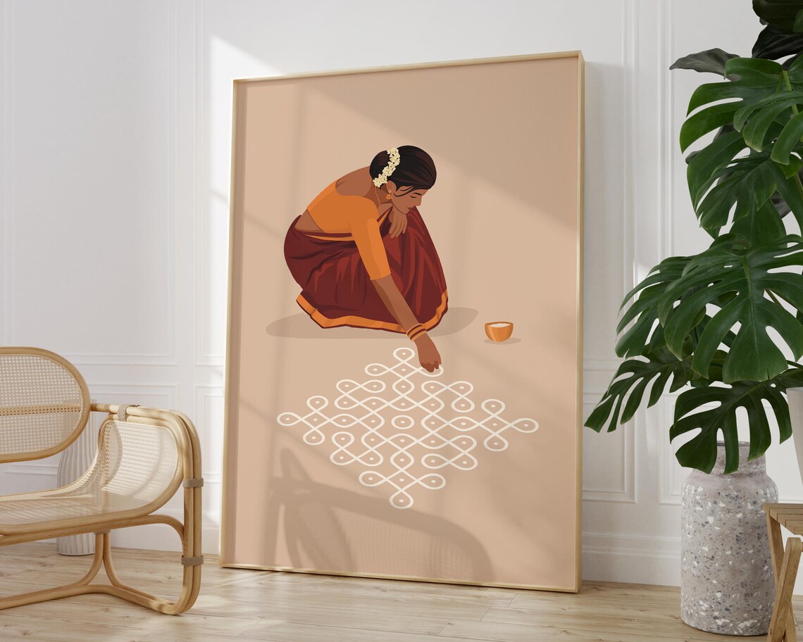 Indian Woman In Saree Creating Rangoli Art Print - Image 2