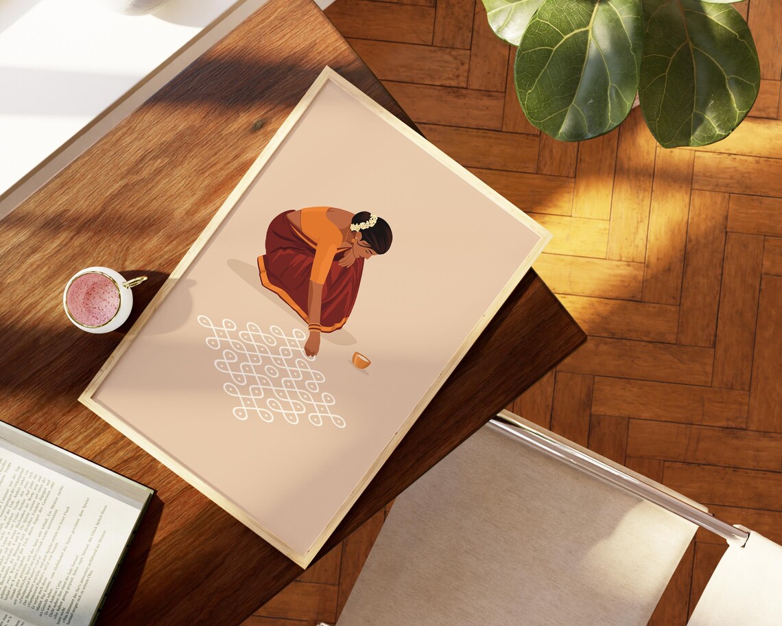Indian Woman In Saree Creating Rangoli Art Print - Image 4