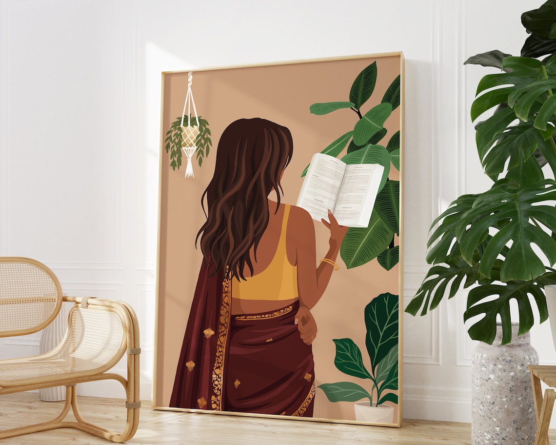 Indian Woman Reading Book Art, Desi Wall Art Print - Image 3