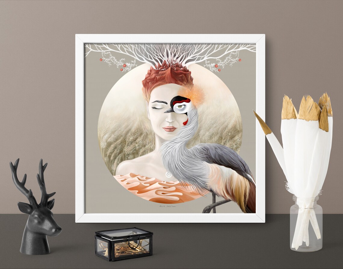 Surreal Woman Face Merging With Crowned Crane Under Moon Art Poster