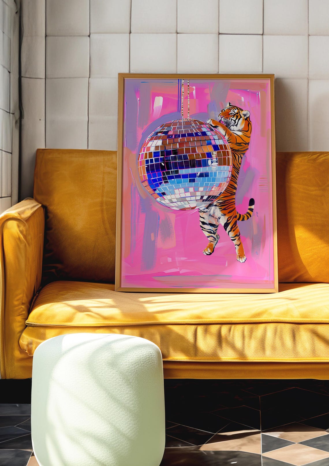 Tiger Standing Beside Hanging Disco Ball Pink Maximalist Animal Poster - Image 4