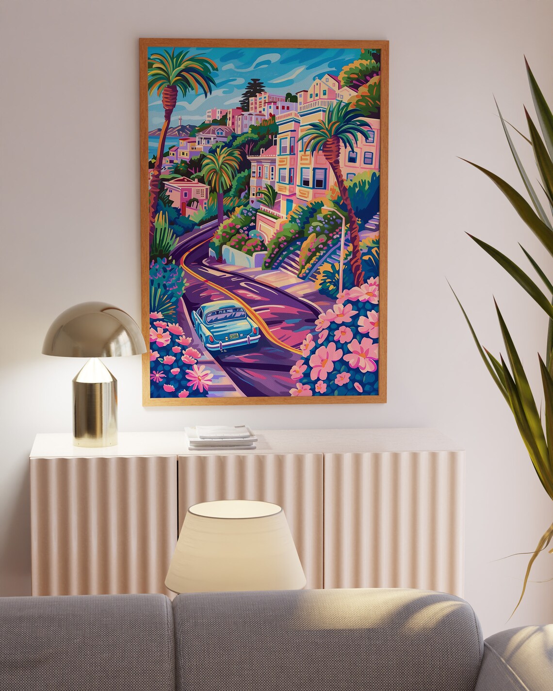 San Francisco Winding Hill Road Classic Teal Car Floral Travel Poster - Image 3