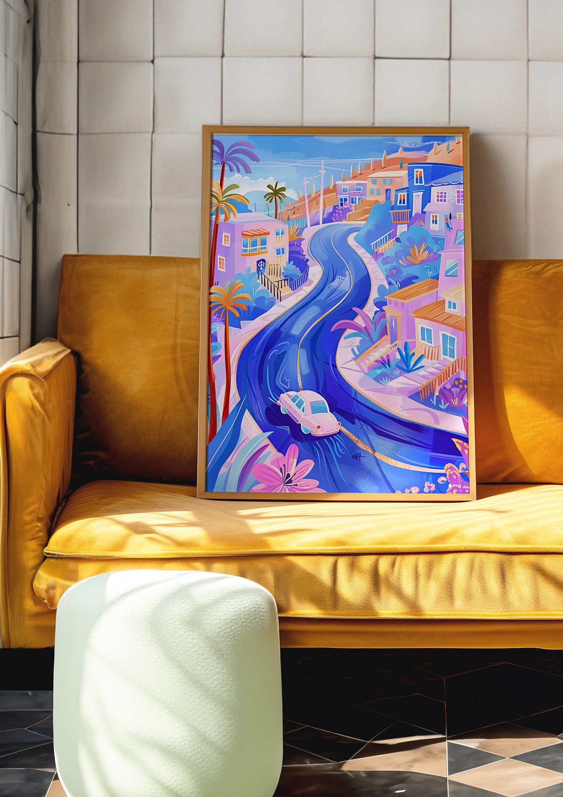 Winding Blue Coastal Road Pink Classic Car Hillside Travel Poster - Image 4