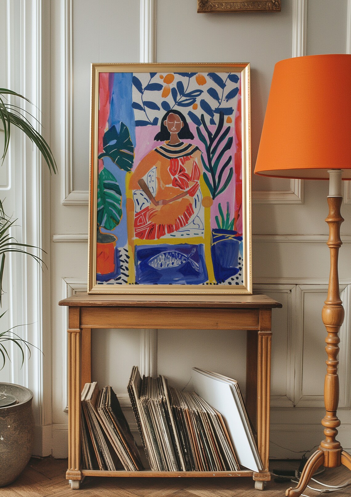 Seated Woman in a Vivid Orange Dress Among Tropical Plants Poster - Image 3