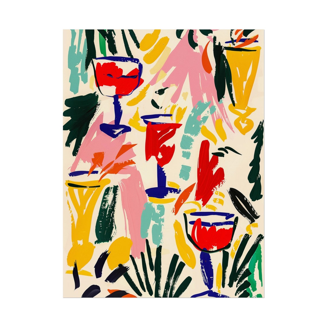 Abstract Cocktail Glasses Brushstroke Art Red Blue Yellow Bar Poster - Image 6