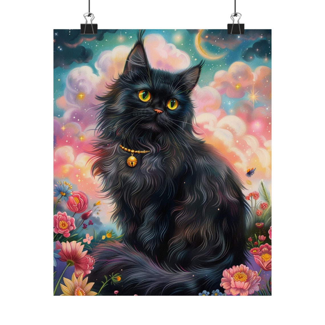 Sweet Fluffy Black Cat with Golden Eyes Among Night Flowers Poster - Image 3
