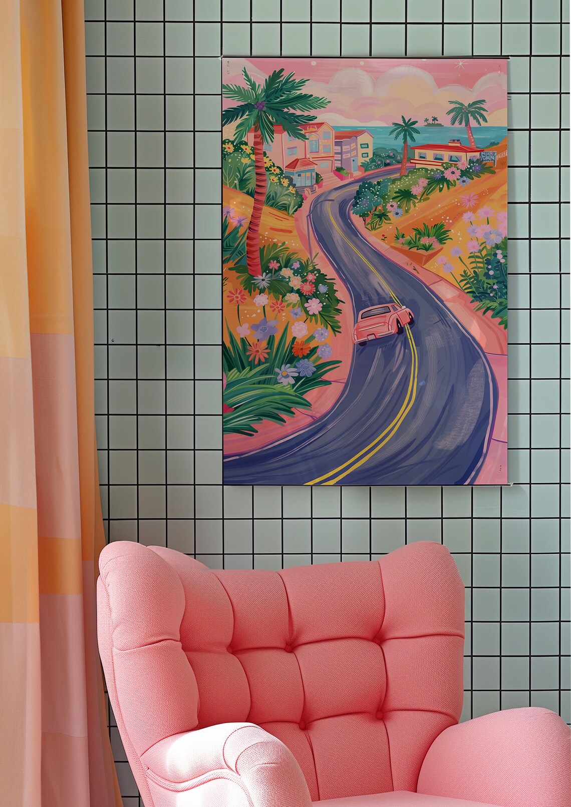 Coastal Road Drive Pink Vintage Car Palm Trees Seaside Travel Poster - Image 6