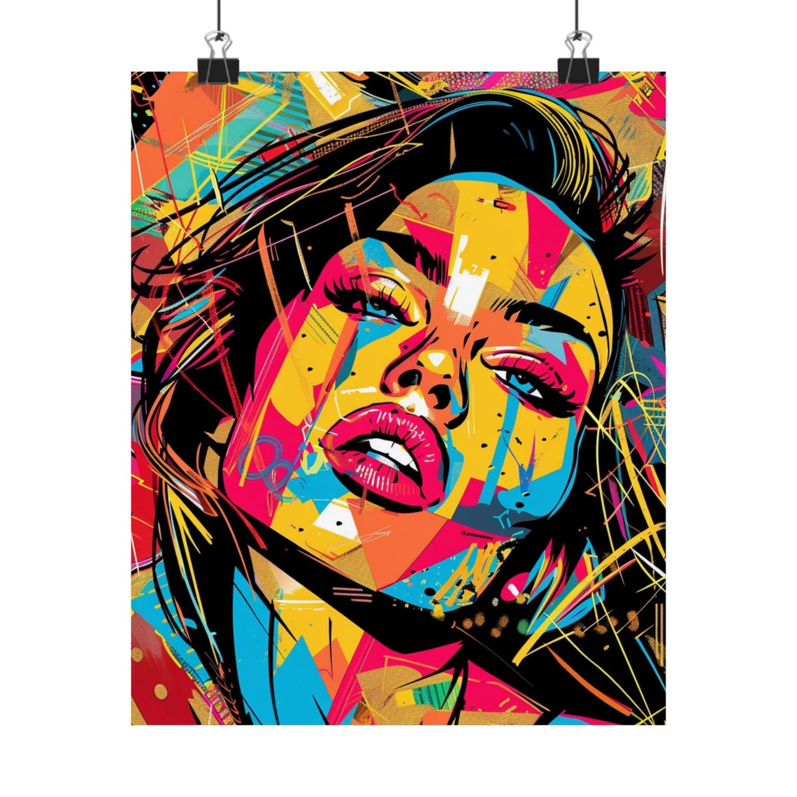 Neon Graffiti Woman Face Pop Art Poster With Paint Drip Details - Image 4
