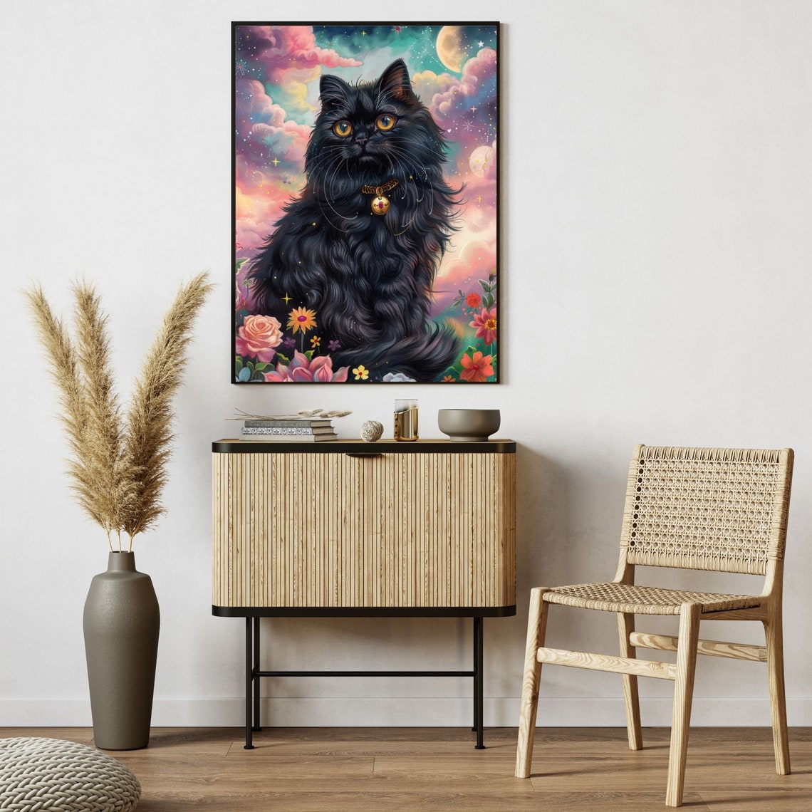 Fluffy Black Cat Fantasy Poster With Gold Collar In Flower Meadow - Image 5