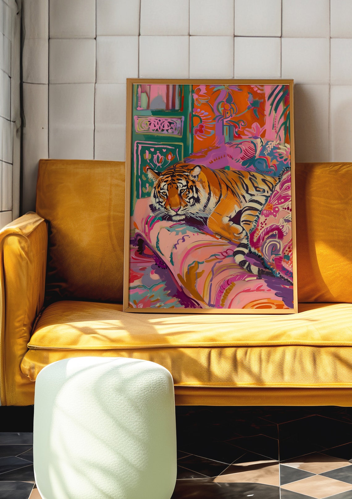 Relaxed Tiger Lounging on a Pink Patterned Armchair Art Poster - Image 3