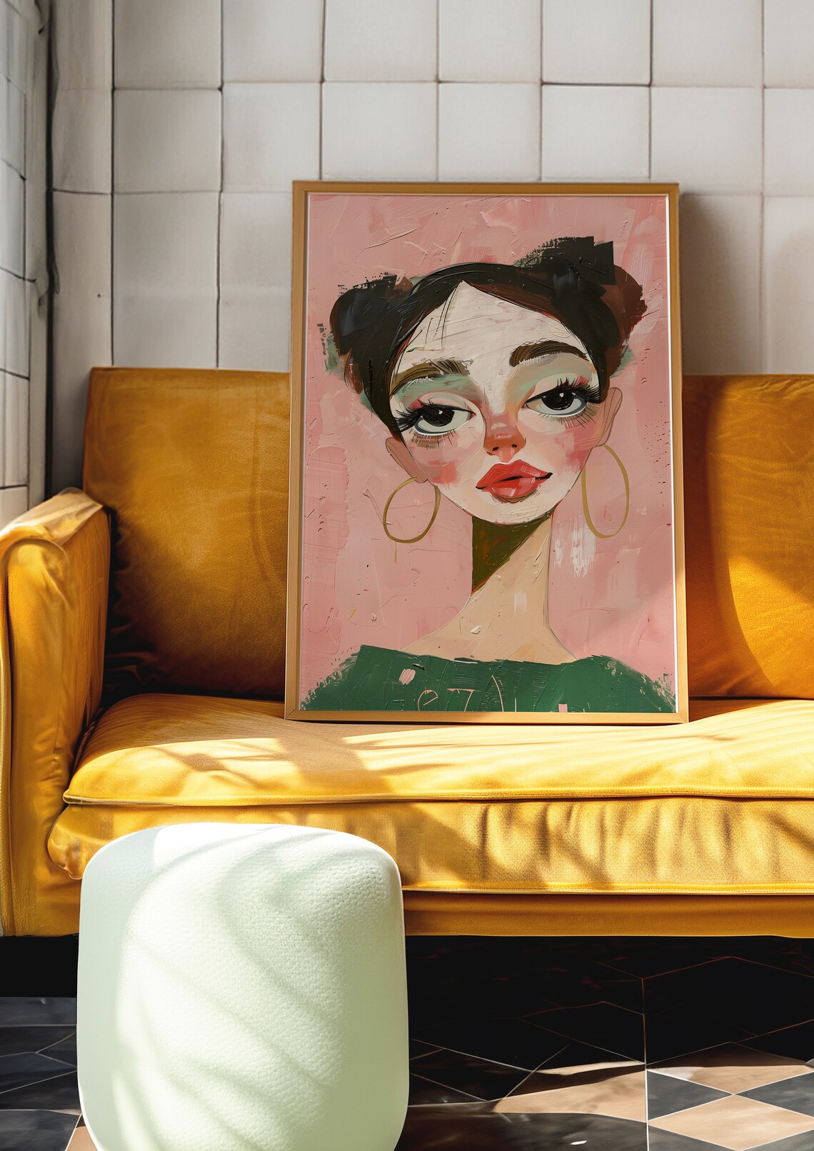 Whimsical Woman Portrait with Gold Hoop Earrings on Pink Poster - Image 6