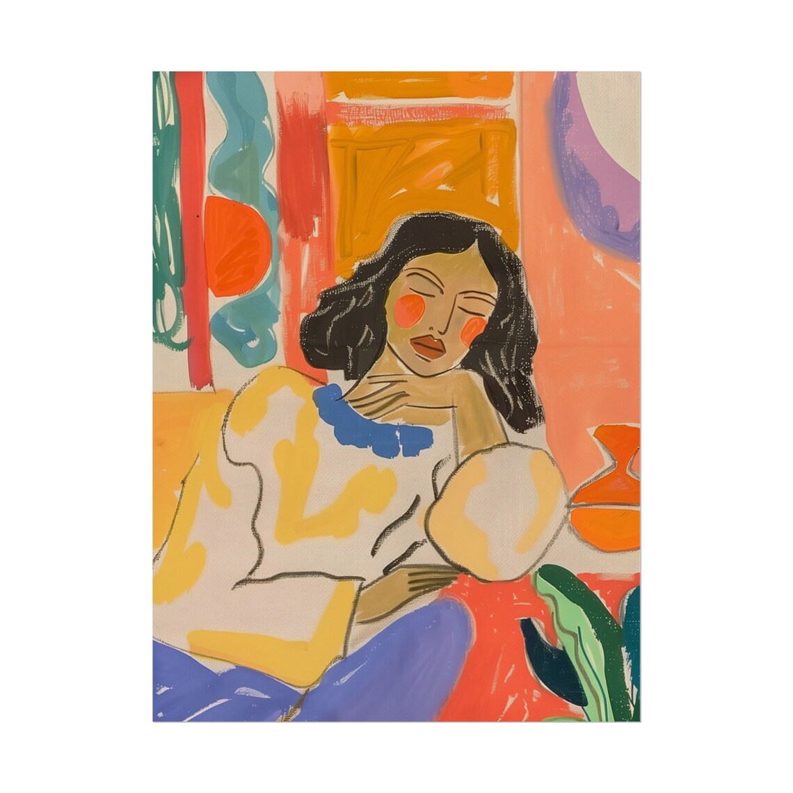 Fauvist Woman Portrait Resting Chin On Hand Colorful Art Print - Image 6