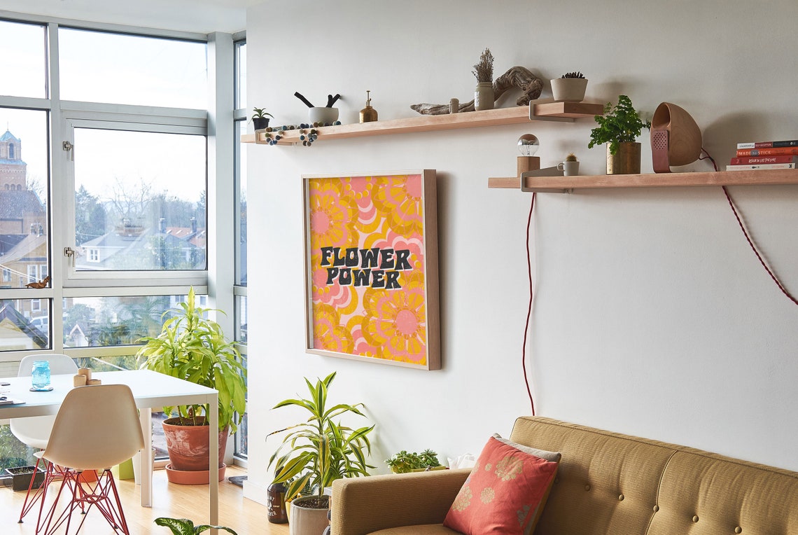Flower Power Bold Black Retro Typography Orange Floral Art Poster - Image 7
